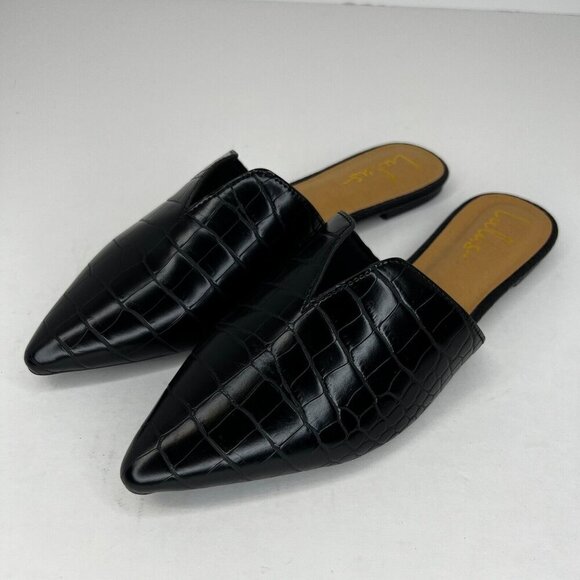 Lulus Womens Black Leather Shoes Mules Slides Open Back Pointed Size 9 Loafers - Picture 1 of 9